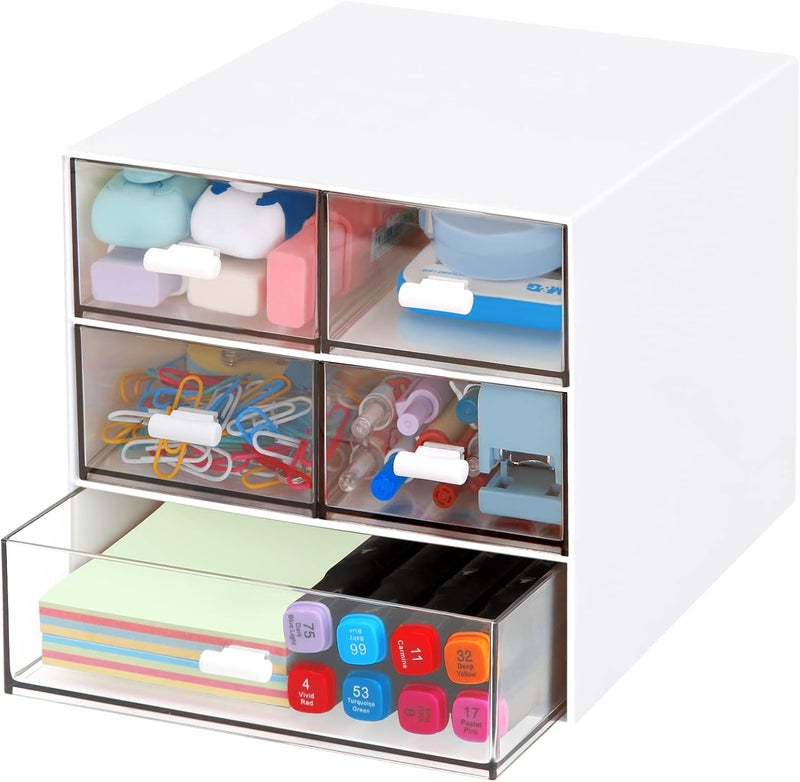 LETURE Desk Organizer with 5 Drawers, Rectangular Office Stationery Supplies Desktop Drawers, Plastic Makeup Storage, Suitable for Office, School, Home (White & 5 Drawers) - Image 1